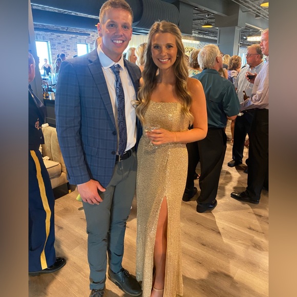 MAGIC HOUR MAXI DRESS - THIGH SPLIT TIE BACK DRESS IN GOLD SEQUIN - SHOWPO - Picture 3 of 4